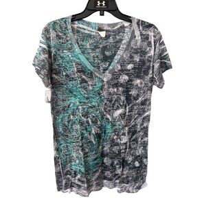 Cruel Girl V Neck Graphic Tee Womens 2XL Gray & Teal Abstract Design Cotton Blen